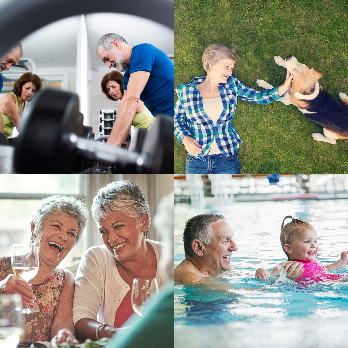 4 images of couple in fitness room, woman with dog, female friends dining, and grandfather with grandchild in swimming pool